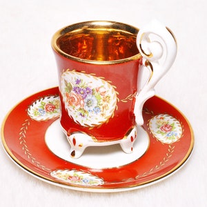 Vintage Collectible GV Limoges LAIT France Red Gold Teacup Demitasse Saucer Set