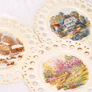 Vintage Collectible 3 Currier Ives American Homestead Lace Trim Pottery Plates