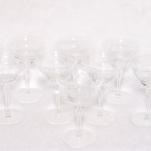 Vintage Collectible 10 Champagne Coupes Etched Crystal Sherbet Glass Stemware