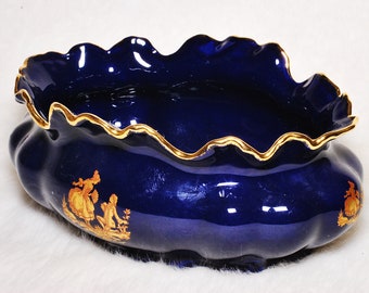 Vintage Collectible 22k Gold Cobalt Blue Limoges France Centerpiece Bowl