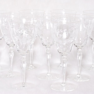 Vintage Collectible 9 Wine Glasses Etched Crystal Tall Floral Stemware