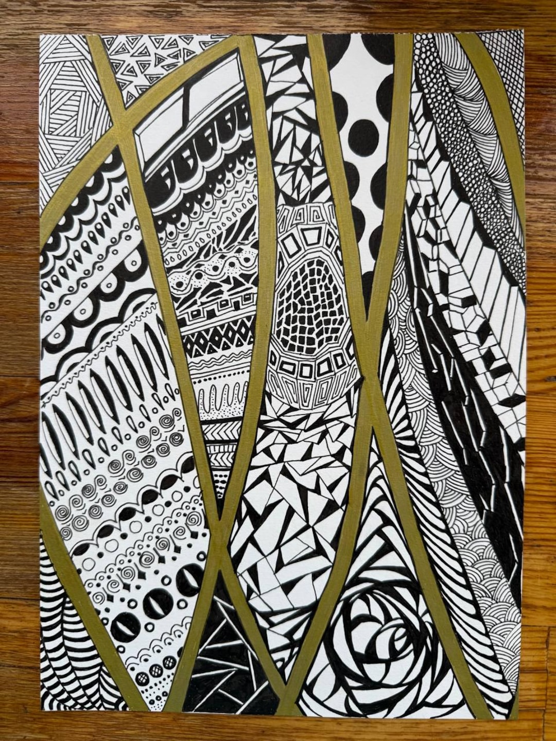 Original Golden Zentangle Art - Hand-drawn Black, White & Gold Abstract ...