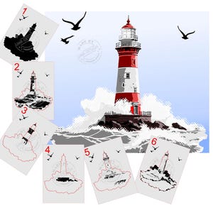 May include: A digital illustration of a lighthouse with red and white stripes, standing on a rocky island, surrounded by crashing waves. Several playing cards with lighthouse designs and flying birds are scattered around the main image. The text "UMR-DESIGN" is visible.