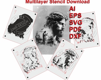 TS-003 Jesus Christ Tattoo Style Clipart, Multilayer Stencil, Stencils, Download, Digital Template, Vector File