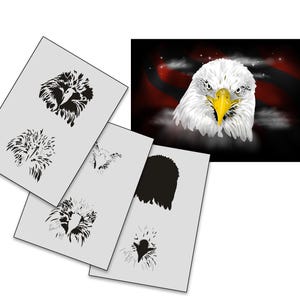 May include: A set of four stencils featuring different designs of an eagle's head. The stencils are made of a thin, flexible material and are perfect for creating unique art projects.