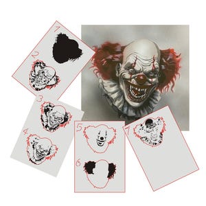 May include: Seven different stencils for creating a scary clown design. The stencils are numbered 1 through 7 and show different parts of the clown's face, hair, and collar.