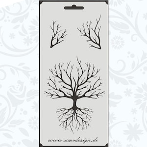 May include: A stencil with four different tree designs. The stencil includes a large tree with roots, two smaller branches, and a single branch. The stencil is made of a durable material and is perfect for creating unique designs on a variety of surfaces.