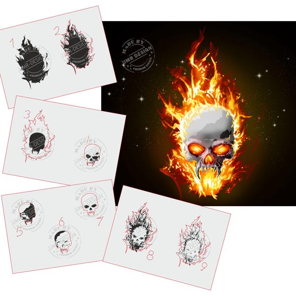 AS-326 Flame Skull Multilayer Step by Step Stencil for acrylic, airbrush, spray, tattoo, varnish and wall paint