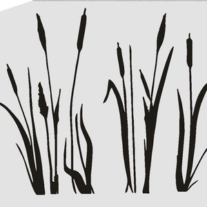 May include: Black silhouette of cattails, a type of tall grass with brown seed heads, against a white background. This is a stencil design for crafting.