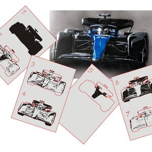 May include: A set of seven stencils for creating a black and white image of a race car. The stencils are numbered 1 through 7 and are arranged in a grid pattern. The stencils are made of a thin, flexible material and are easy to use.