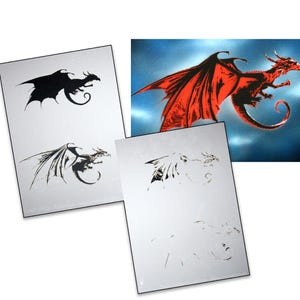 May include: A set of four dragon stencils for airbrushing or painting. The stencils are made of durable plastic and feature a variety of dragon designs. The stencils are shown on a white background.