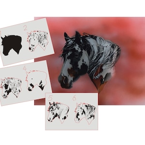 May include: A detailed painting of a horse's head with a black and white coat, set against a red background. Several smaller sketches of horse heads are arranged around the main image, offering different design variations.
