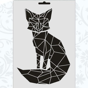 Könnte beinhalten: Schwarz-weiße geometrische Fuchs-Silhouetten-Schablone. Der Fuchs sitzt mit seinem Schwanz um seinen Körper gewickelt.