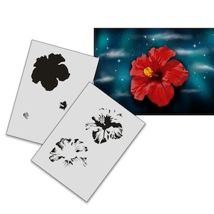 May include: A vibrant red hibiscus flower with a yellow center is set against a starry night sky. Three gray stencils with hibiscus flower designs are in the foreground. The stencils show different stages of the flower.