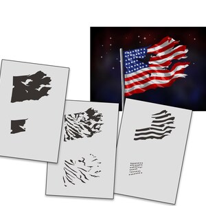 May include: Set of four stencils featuring different distressed American flag designs. The stencils are made of durable plastic and are perfect for creating patriotic crafts and decorations.