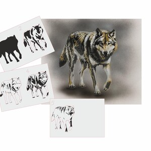 May include: A step-by-step guide to drawing a wolf using stencils. The image shows five stencils, numbered 1 through 5, with a completed drawing of a wolf in the background.
