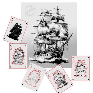 May include: A black and white illustration of a large sailing ship with multiple sails. The ship is sailing on a wavy sea. The image is divided into five sections, each with a number and a red outline.