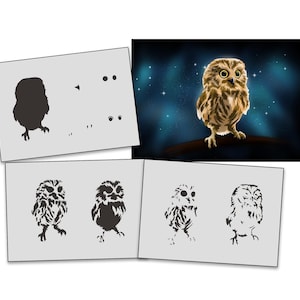 May include: A set of four stencils featuring an owl design. The stencils are made of durable plastic and are reusable. The stencils can be used to create a variety of crafts, including painting, decorating, and more.
