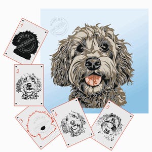 May include: A detailed illustration of a dog with a light brown and gray coat, tongue out, and playing cards featuring dog portraits. The cards have the text "MADE BY UMR-DESIGN".