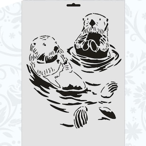 May include: Black and white stencil of two otters swimming in water. The otters are facing forward with their heads above the water. The stencil is designed for crafting and decorating.