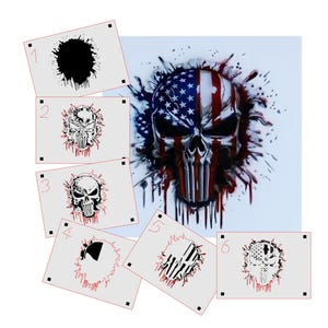 May include: Six different stencils for creating a skull design with an American flag pattern. The stencils are numbered 1 through 6. The stencils are made of a white material and have a black outline.