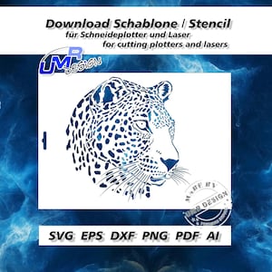 Könnte beinhalten: Ein Schablonen-Design mit einem Leopardenprofil in Blautönen. Das Design befindet sich auf weißem Hintergrund, mit Text oben und unten, der darauf hinweist, dass es für Schneideplotter und Laser geeignet ist. Dateiformate sind SVG, EPS, DXF, PNG, PDF und AI.