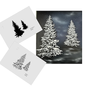 May include: Two stencils for creating wintery scenes. One stencil shows two black silhouette pine trees. The other stencil shows two white pine trees with snow on the branches. The text "Schwarz / Black" and "Weiss / White" is printed on the stencils.