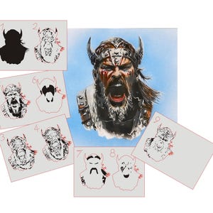 May include: A set of nine stencils for creating a Viking warrior portrait. The stencils are numbered 1 through 9 and show different parts of the warrior's face, including the beard, hair, and helmet.