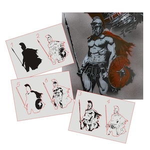 May include: Six different stencils of a Spartan warrior with a shield and spear. The stencils are numbered 1 through 6. The stencils are black and white.