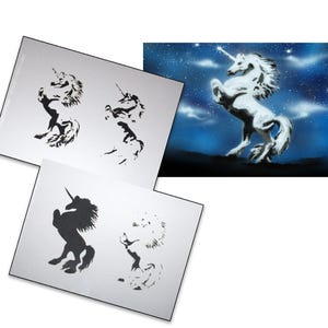 May include: A set of three reusable stencils for creating unicorn art. The stencils are made of durable plastic and feature a unicorn design in a standing pose. The stencils are perfect for use with paint, spray paint, or other crafting materials.