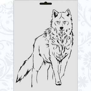 May include: Black and white line art stencil of a wolf with a detailed design. The wolf is facing forward with its head held high and its tail curled behind it.