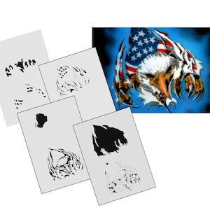 May include: A set of five stencils for creating an American flag design with an eagle. The stencils are made of durable plastic and are reusable. The stencils are perfect for creating custom artwork on walls, furniture, and other surfaces.