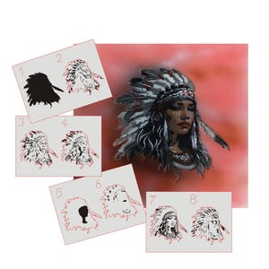 May include: A set of eight stencils for creating a Native American woman wearing a headdress. The stencils are numbered 1 through 8 and show different stages of the design.