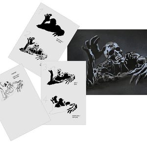 May include: A step-by-step guide for creating a zombie illustration using different shades of gray. The image shows five steps, each with a black and white silhouette of a zombie with a skull, and the corresponding gray color to use for each step.