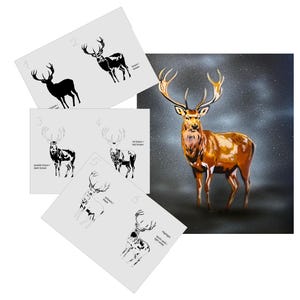 May include: A stencil set for creating a deer silhouette with a spray paint technique. The set includes six stencils, numbered 1 through 6, showing different stages of the deer's silhouette. The final image shows a brown deer with a starry background.