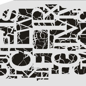 May include: Black and white stencil with a geometric design featuring overlapping shapes and lines. The design has a cracked or distressed look.
