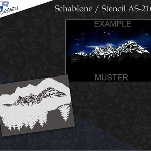 May include: A stencil design featuring a mountain range and forest silhouette. The stencil is gray and white, with the words "EXAMPLE" and "MUSTER" displayed. The image also shows a sample of the design against a night sky background.