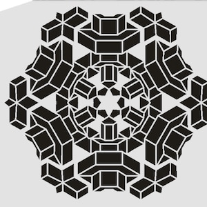 May include: Black and white geometric snowflake stencil. The snowflake design is made up of repeating squares and rectangles.