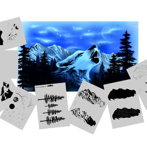 May include: A set of 10 stencils for creating a wolf howling at the moon art piece. The stencils are made of durable plastic and are reusable. The stencils include a wolf head, mountains, trees, and stars.