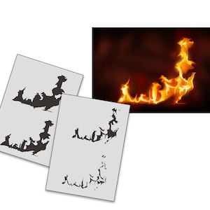 May include: Three stencils for creating fire designs. The stencils are made of a thin, flexible material and are reusable. The stencils are shown on a white background.