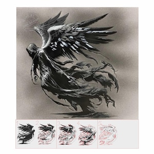 May include: A black and white illustration of an angel with large wings, a long flowing robe, and a hooded head. The angel is depicted in a dynamic pose, with its wings spread wide and its robe billowing in the wind. The illustration is done in a realistic style, with detailed shading and highlights.