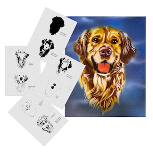 May include: A set of stencils for painting a golden retriever dog. The stencils are numbered 1 through 8 and show different stages of the painting process. The stencils are black and white and show the outline of the dog's head and fur.