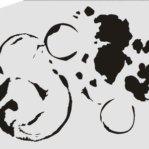 Peut inclure: Design abstrait à l'encre noire sur fond gris clair. Le motif présente une série de cercles et de formes irrégulières qui se chevauchent, créant une composition dynamique et artistique. Le texte "LMR DESIGN" est dans le coin supérieur gauche.