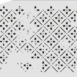 Puede incluir: Plantilla en blanco y negro con un patrón geométrico repetitivo de cuadrados y cruces. La plantilla tiene un aspecto desgastado, como si se hubiera usado muchas veces.
