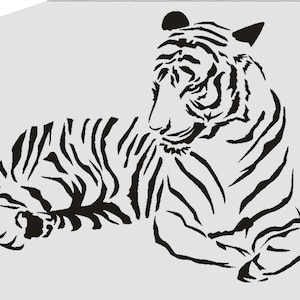 May include: Black and white silhouette of a tiger lying down. The tiger is facing to the right and has its head turned to the left. The tiger's stripes are visible.