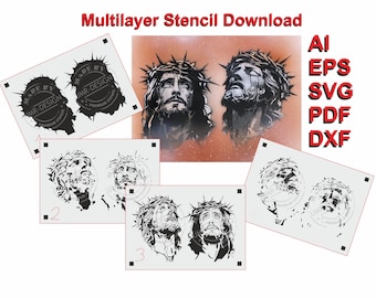 TS-001 Jesus Christ Tattoo Style Clipart, Multilayer Stencil, Stencils, Download, Digital Template, Vector File