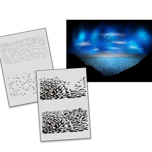 May include: Three stencils with abstract designs are displayed next to a digital illustration of a night sky over water. The stencils are white with black cut-out patterns. The digital art features a dark blue sky with stars and a body of water.