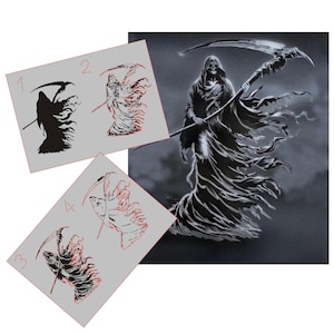 May include: A set of four stencils for creating a Grim Reaper image. The stencils are numbered 1 through 4 and show different parts of the Grim Reaper, including the head, scythe, and robe. The stencils are made of a thin, flexible material and are easy to use.