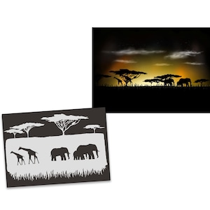 May include: Silhouette of a herd of elephants and giraffes walking through a savanna landscape at sunset. The image is in black and white, with the animals and trees outlined in white against a dark background.