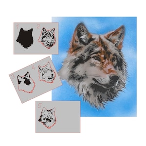 May include: A stencil set for creating a wolf head design. The set includes five stencils, numbered 1 through 5, showing different stages of the wolf's head.